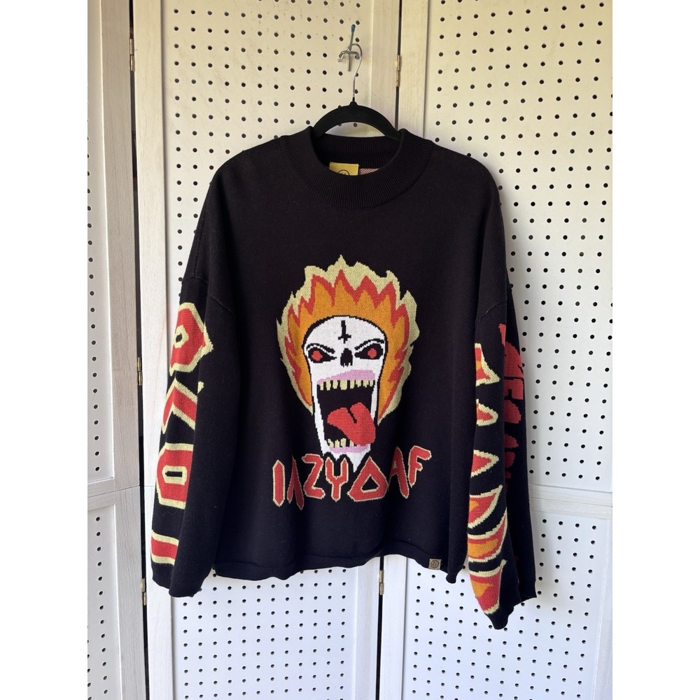 Lazy‎ Oaf Size Lg Sweater Skull Flame Megabreath Black Orange